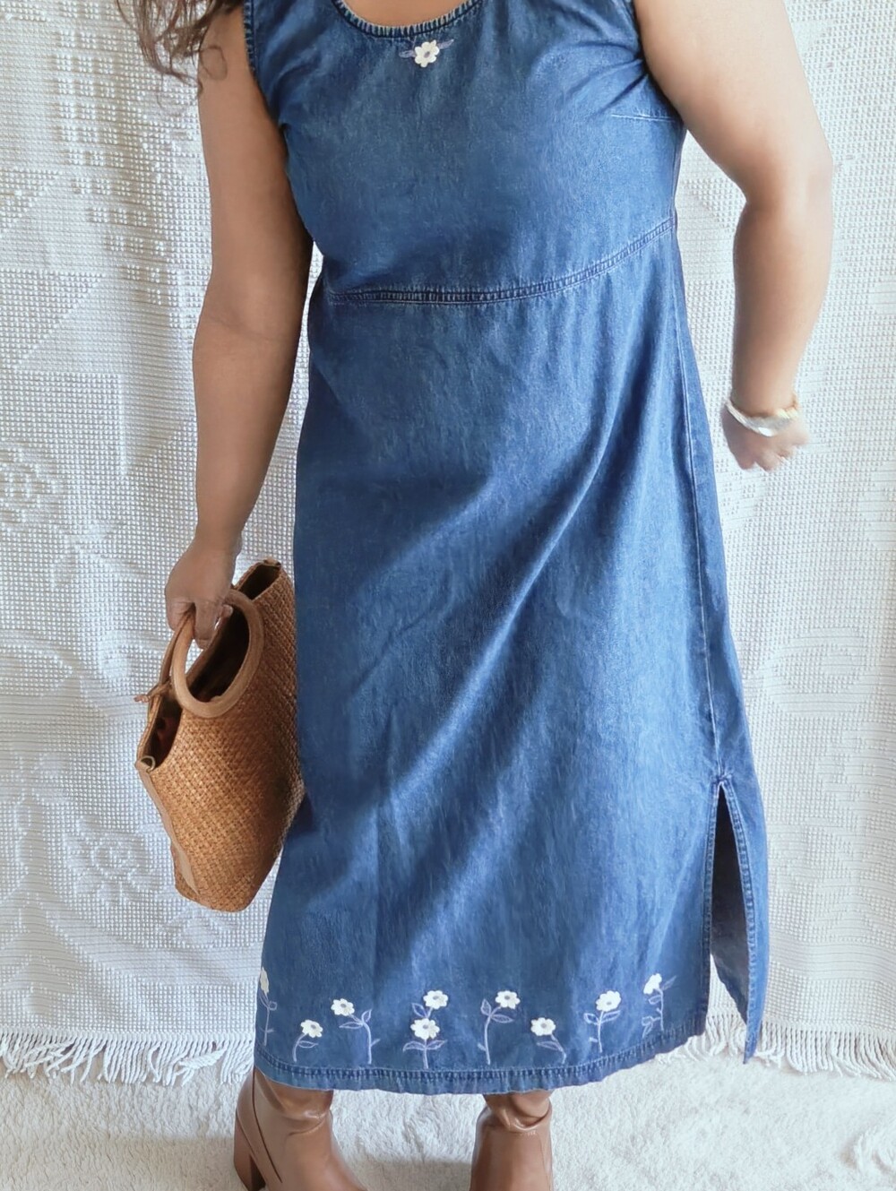 Vintage Erika & Co Embroidered Denim Maxi Dress | Floral Slit Tank | Size M/L